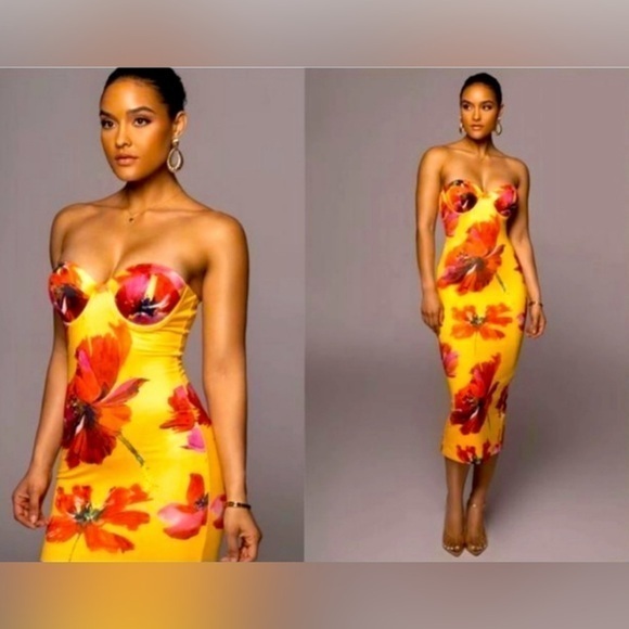JLUXLABEL Dresses & Skirts - JLUXLABEL Yellow Floral Cora Midi Dress Small
